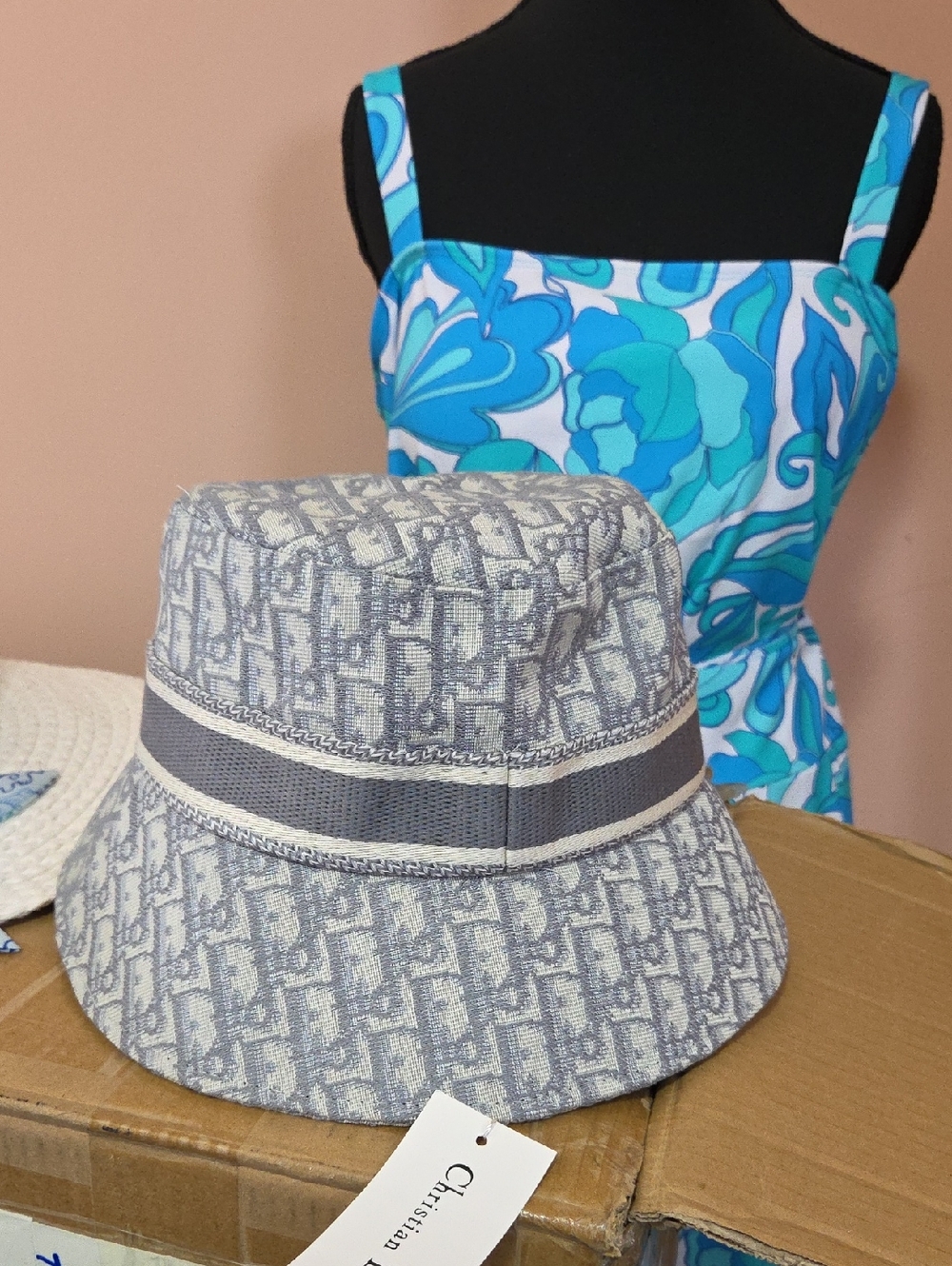 Gray and Beige Monogram Bucket Hat with Christian Dior Band - Picture 4 of 5